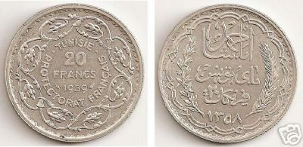 TUNISIA. TUNISIE. 20 FRANCS 1939. SILVER KM # 266  