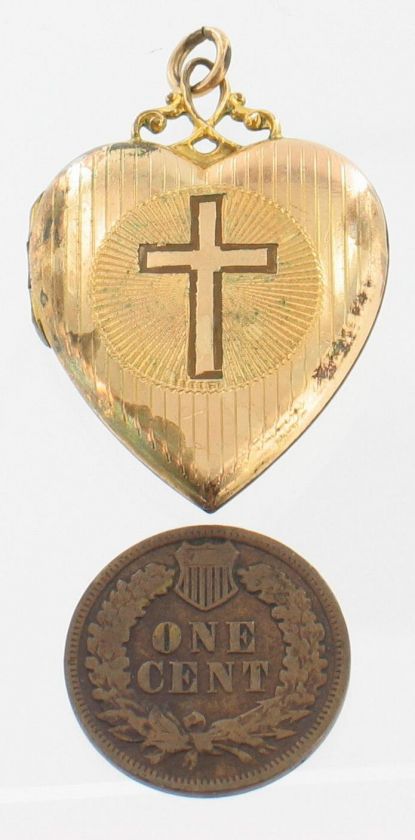 ANTIQUE DECO LARGE GF HEART CROSS CRUCIFIX LOCKET  