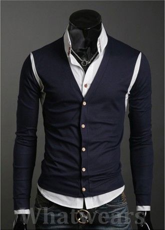 Mens Casual V  Neck Slim Sweater Cardigan Dark Blue W07  