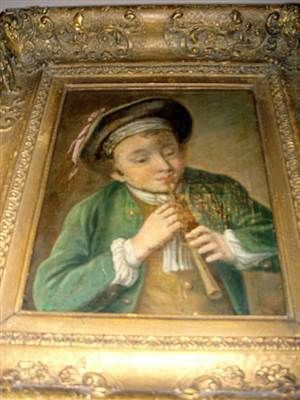 Superb Chardin School Oil Board Flute Player ca1790  