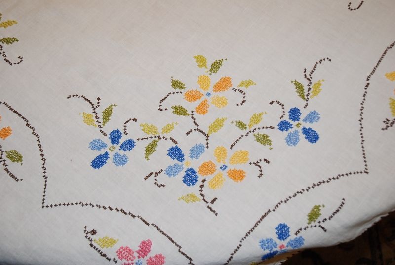 On Linen Vintage American Embroidery Tablecloth with Pink, Blue, Gold 