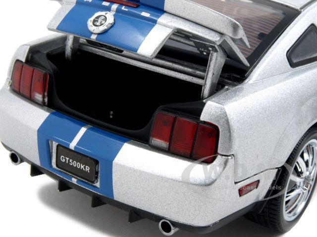   model of 2008 ford shelby mustang gt 500kr silver with blue stripes 1