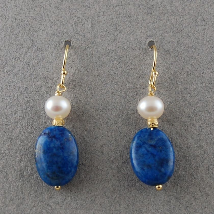 VINTAGE 22KT GOLD VERMEIL + DENIM LAPIS + FRESHWATER PEARL EARRINGS 