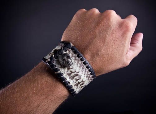 LEATHER SNAKESKIN WRISTBAND WHITE SNAKE UNIQUE CUFF  