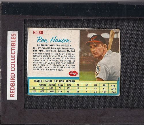 1962 Post #30B Ron Hansen ORIOLES  P/G  