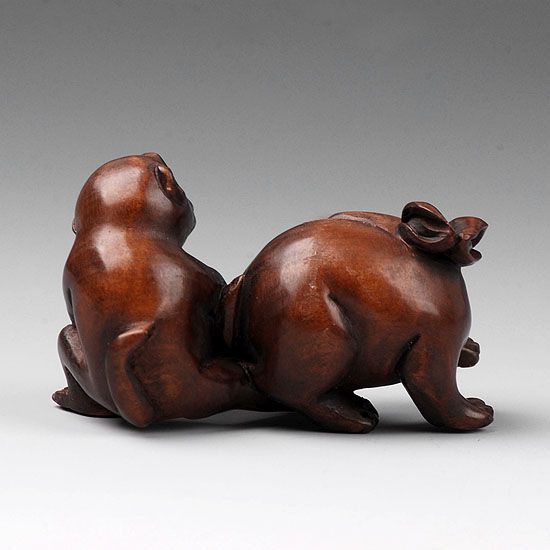 Carved Boxwood Netsuke Wood Carving Monkey Pull Rabbit  