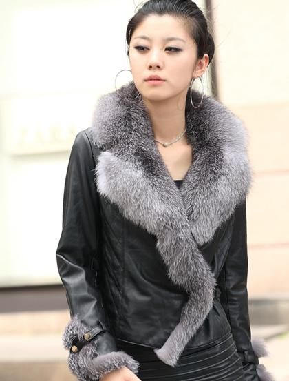 2011 Winter Fashionable Fox Hair Lapel Short Sheepskin Coat Black M L 