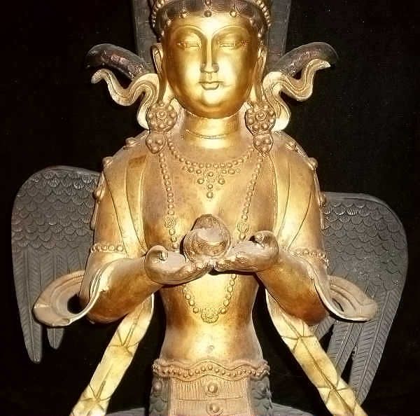 34 Old Tibet Gilt Winged Naga Kanya Woman Statue  