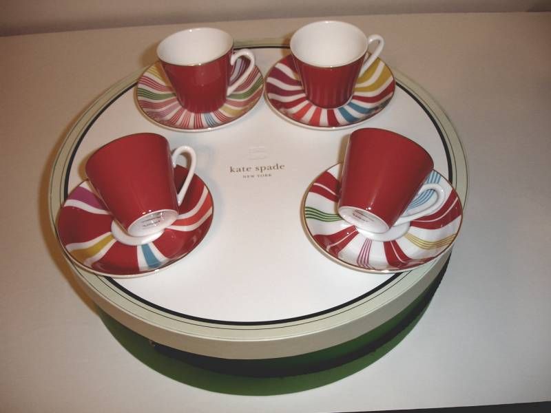 Kate Spade Peppermint Twist Demitasse 4 Cups 4 Saucers  