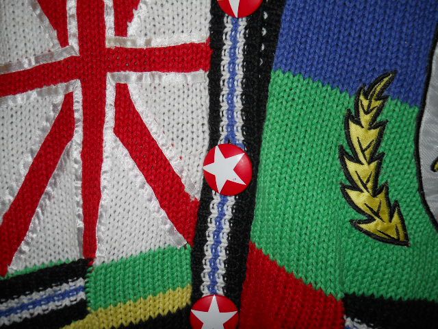 vintage FLAGS CRAZY ALL OVER CARDIGAN UGLY SWEATER L  