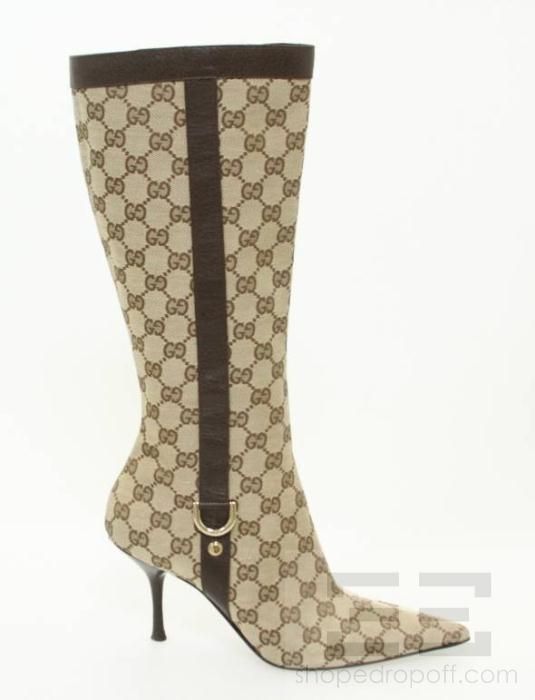 Gucci Tan Monogram Canvas & Leather Knee High Boots Size 8B  