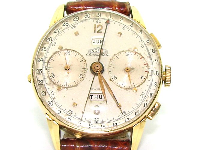 Vintage Mens Angelus Chronodato Solid 18kt Gold Triple Date 