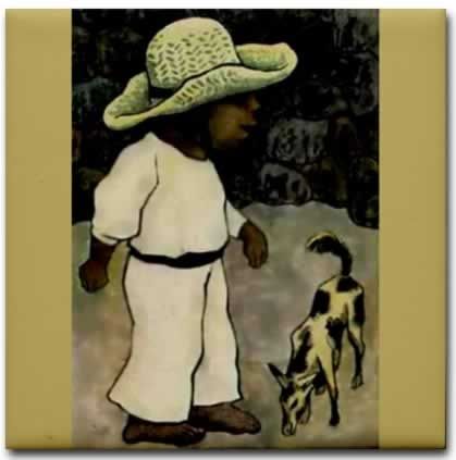 Diego Rivera Mexican Ceramic Art Tile Boy with Dog  