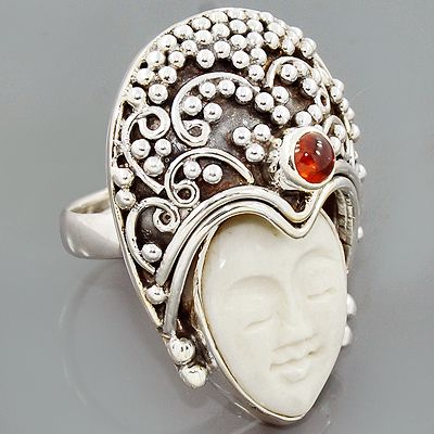 Camel Carved Face Bone Garnet Gemstone 925 Sterling Silver Ring Size 8 