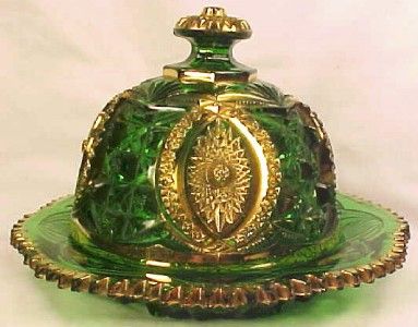 EAPG Antique MEMPHIS GREEN w GOLD GILT BUTTER DISH Northwood DOLLS EYE 