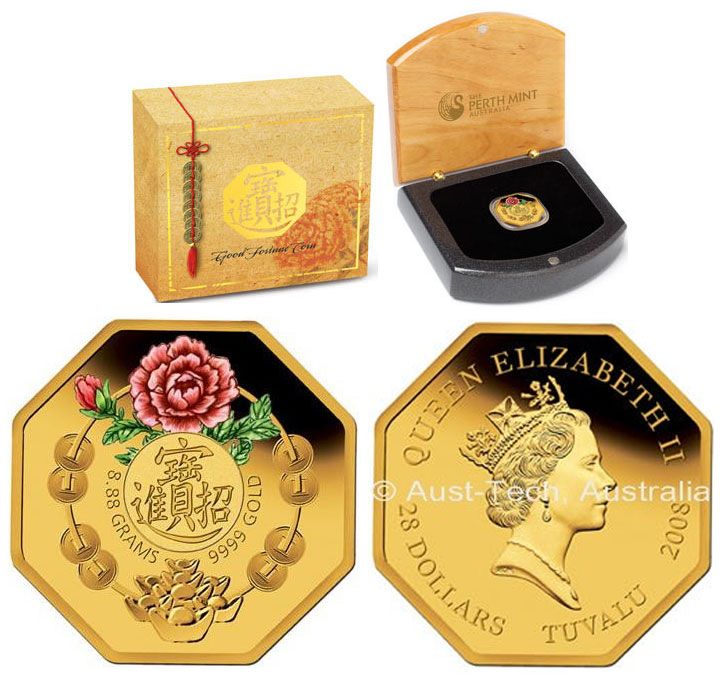 TUVALU $28 2008 Good Fortune Gold Proof Coin w/Box &CoA  
