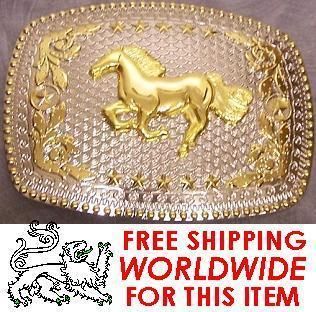 OVERSIZED 2 tone metal belt buckle Trotting Horse NEW  