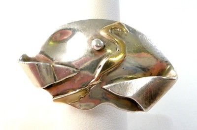 BIG Vintage SIGNED Sela Eden Sterling Silver & 14K Gold Abstract 