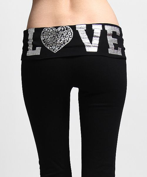 MOGAN LOVE Rhinestone Foldover Waist Band YOGA PANTS Track Lounge 