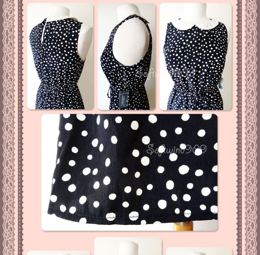   Navy Blue/Cream Polka Dot Contrast Peter Pan Collar CUTE Dress  