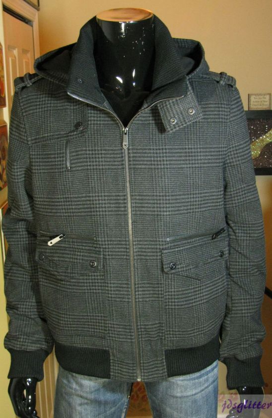 GUESS Tuxdeo Grey/Black Plaid Lawson Wool Coat NWT  