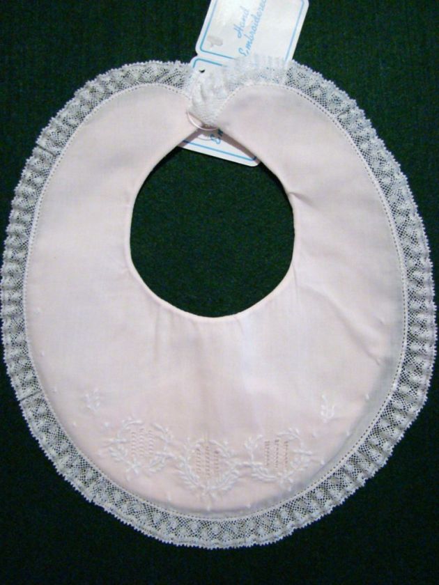 FELTMAN BROTHERS PINK BATISTE BIB W/EMBROIDERY & LACE  