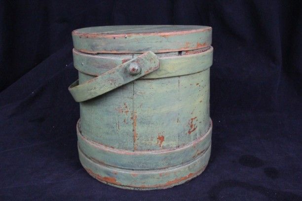 L91 ANTIQUE 19th C. WOODEN COOPERED FIRKIN SUGAR BUCKET BLUE PAINT 