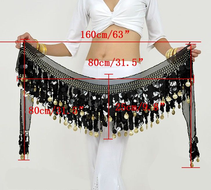 Black belly dance belt Hip Scarf wraps Golden Coins  