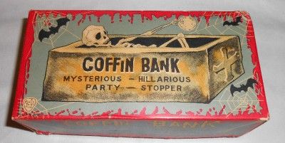 Vintage Tin Wind Up Skeleton in Coffin Bank with Box, made in Japan 