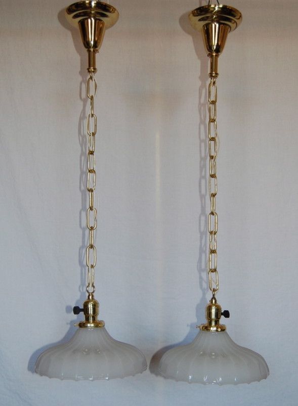 Pair of Antique Pendant Lights Industrial Fluted Shades  