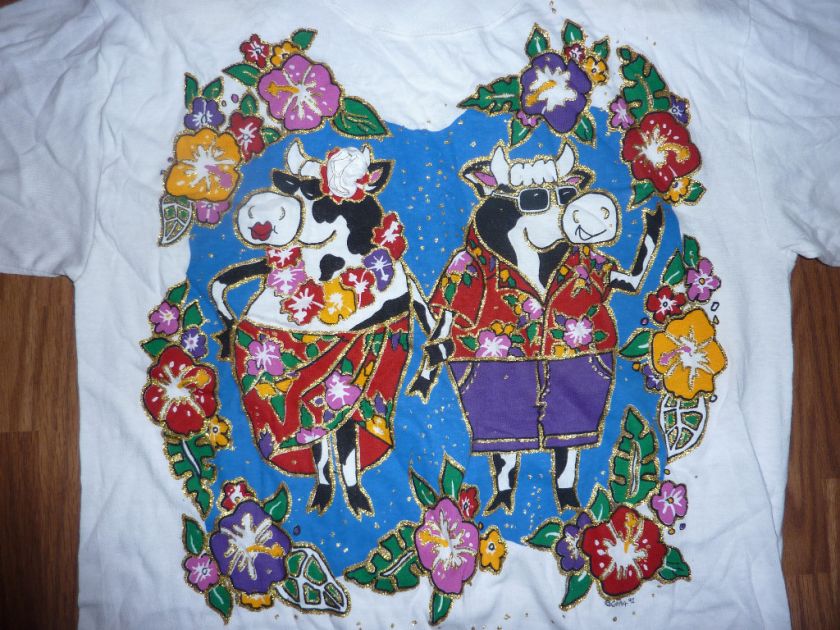 vtg 90s womens t shirt OS nwt Fun Art Hawaiian Cows  