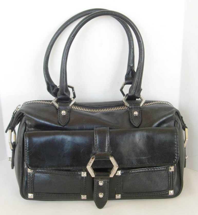 GIANNI BINI Gladiator Small Black Smooth Leather Satchel Purse Handbag 