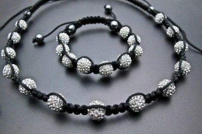 BLACK LINE WHITE CRYSTAL 10MM DISCO BALL BEAD SHAMBALLA BRACELET 