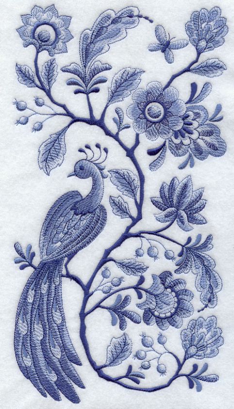 DELFT BLUE PEACOCK   MACHINE EMBROIDERED QUILT BLOCK(AZ  