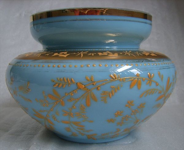 ANTIQUE FRENCH BLUE OPALINE MOSER ENAMELED VASE circa 1900