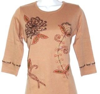 Indigo Moon T Shirt w/Sequin& BeadedFloral KHAKI/SMALL  