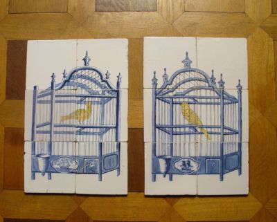 Dutch Delft Tile Pictures Bird Cage 19th C. Ship  