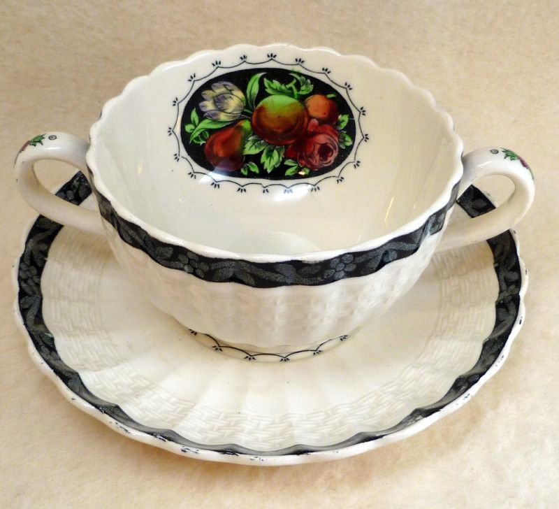 Spodes Tudor Double Handled Boullion Cup & Saucer  