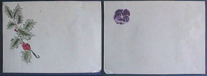 DOUBLE SIDED WATERCOLOR PAINTING c1900 HOLLY BERRY + PANSY FRENCH 