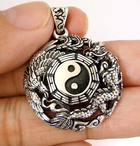 YIN YANG DRAGON PHOENIX STERLING SILVER ROUND PENDANT  