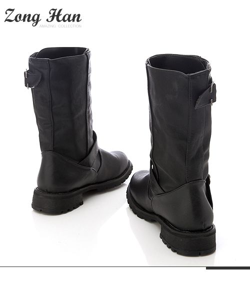 Womens Stylish Buckle Mid Calf Moto Boots Black  