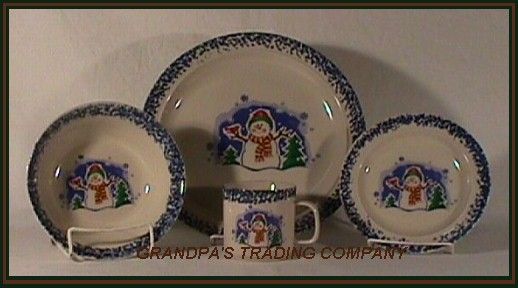 Pc Place Setting Snowman Stoneware Dishes NEW Sponged  