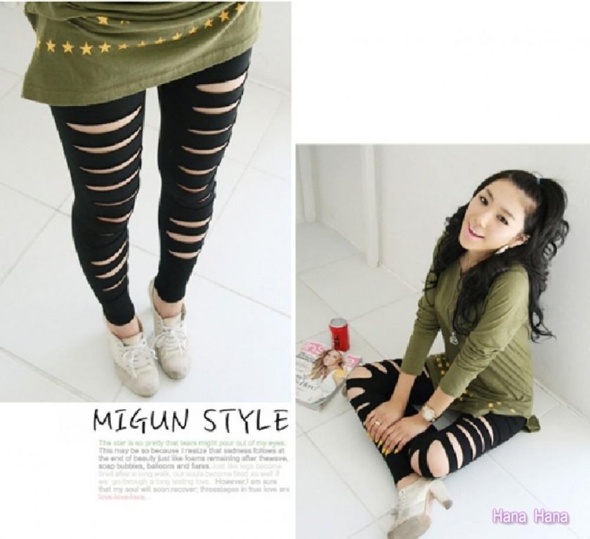 Black Korea NEW Japan Celebrity Ripped Cotton Stripes Leggings Tights 