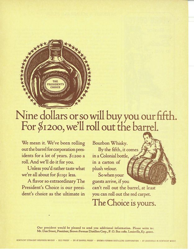 Presidents Choice Bourbon Whisky 1967 Print Ad  