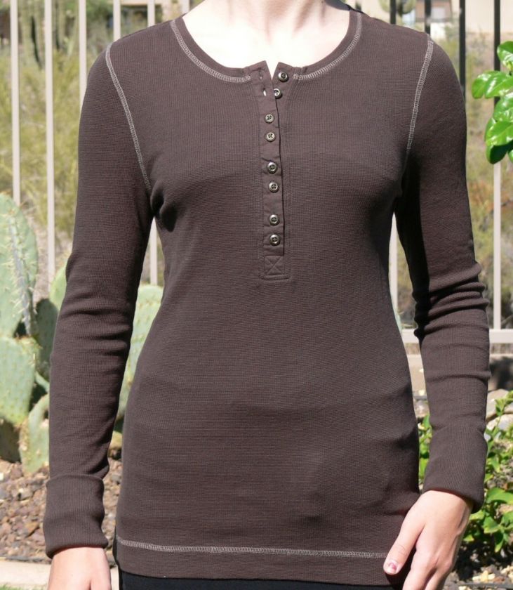   Organic Cotton Knit Henley Top ~ Clara Thermal ~ Womens Small Brown
