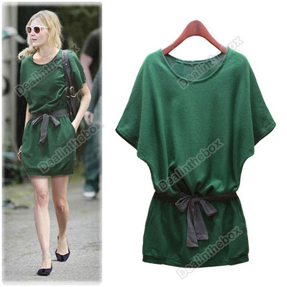   Fashion Batwing Dolman Short Sleeve Casual Cotton Mini Dress Green