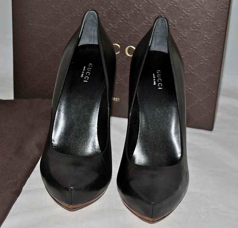 Gucci High Heel Black Leather Dasha Platform Pumps Napa Steve Nero GG 