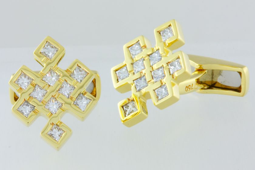 18K Yellow Gold Mens Cufflinks 1.4 ct Princess Diamonds  