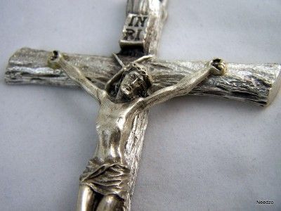 Silver Pectoral Cross Crucifix Wood Grain Jesus  