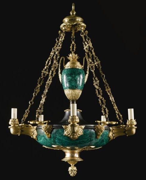 Antique Russian Ormolu Bronze and Malachite Chandelier  